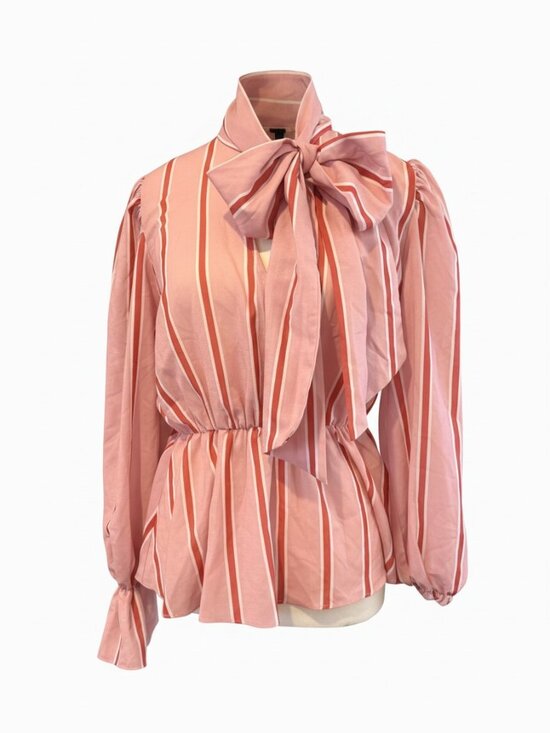 The Moon Tops - THE MOON Pink Stripe Tie Neck Peplum Blouse Size M Romantic Puff Sleeve Top